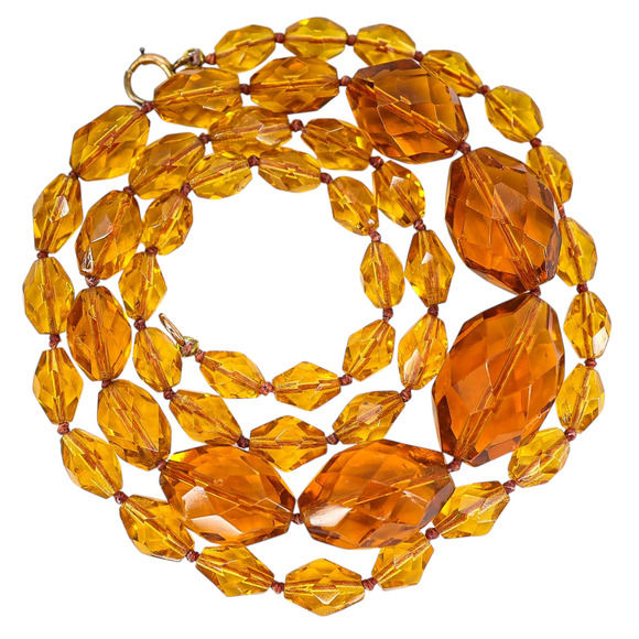 Vintage Faceted Amber Glass Beaded Necklace – Hand Knotted Graduated 1930s Czech - Picture 6 of 7